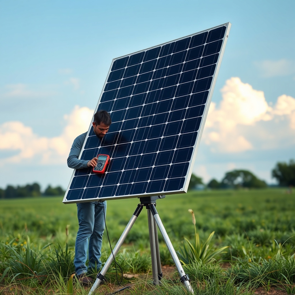 <clean photorealistic photo/illustration of a SolarPratik 200W panel set up outdoors on a