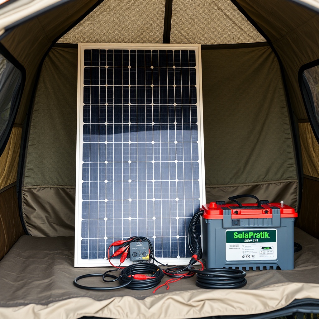 <clean photorealistic photo/illustration of a SolarPratik 200W panel connected to a smart