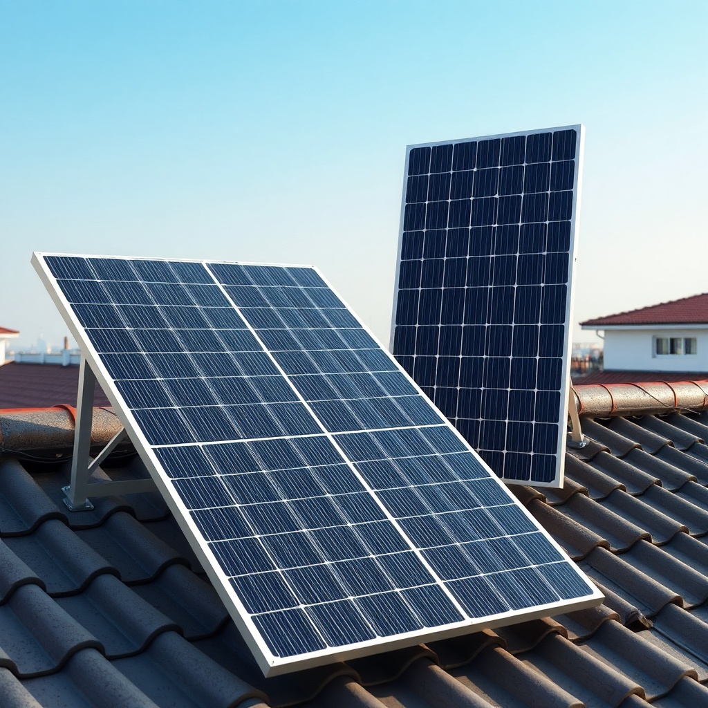 <A modern solar panel installation on a Turkish rooftop with two different panel models si