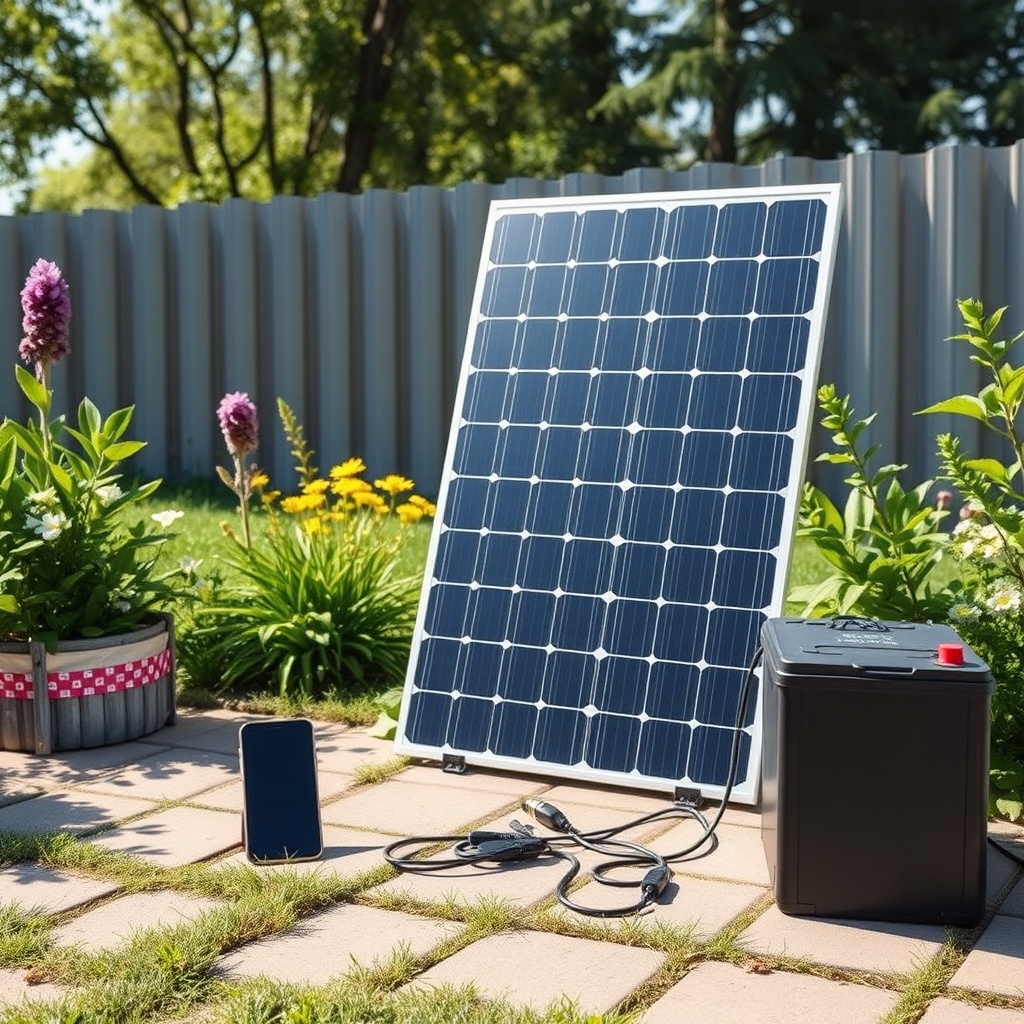 <A clean photorealistic photo of SolarPratik 200W panel set up in a sunny garden with a sm