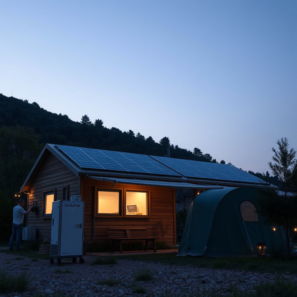 SolarPratik 200W panelin akşam kullanımı için bir LiFePO4 akü ve invertöre bağlı olduğu