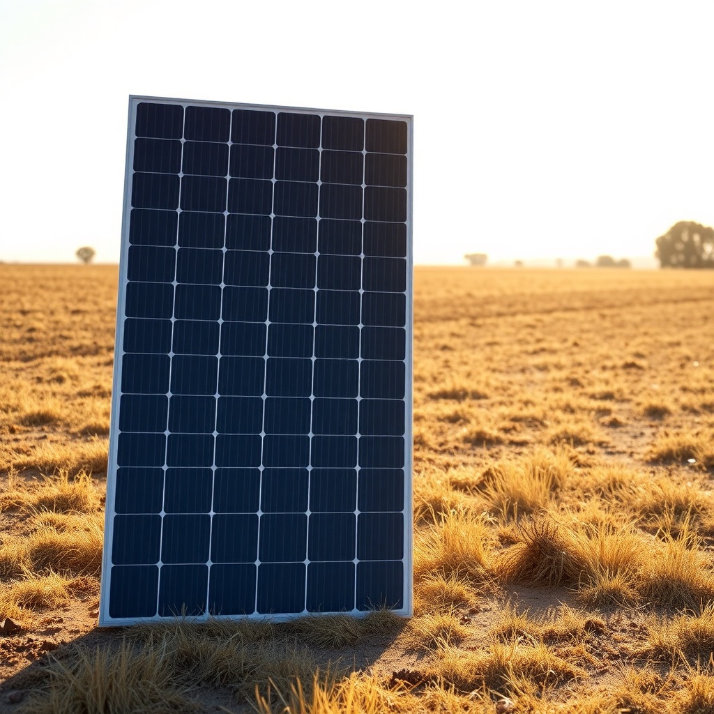 <clean photorealistic photo/illustration of a SolarPratik 200W panel placed in an open fie