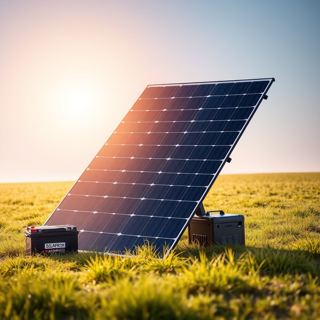A photorealistic image of the SolarPratik 200W Taşınabilir Panel unfolded on a grassy fiel