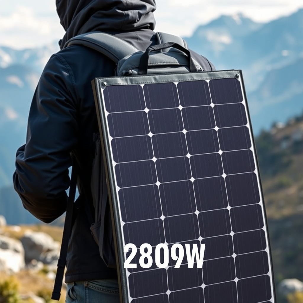 A photorealistic image of a person carrying the folded SolarPratik 200W panel in a backpac