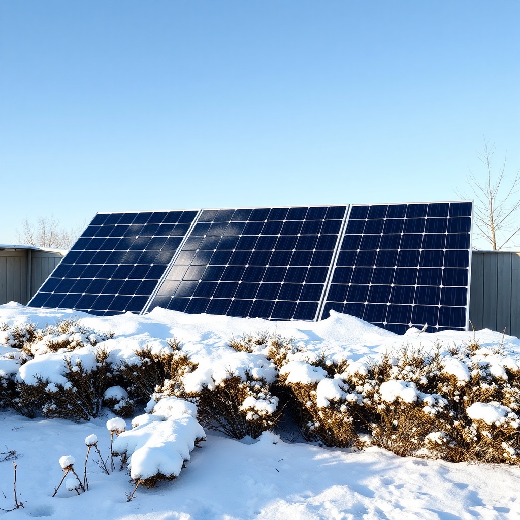 <clean photorealistic photo of SolarPratik 200W Taşınabilir Panel set up in a snowy garden