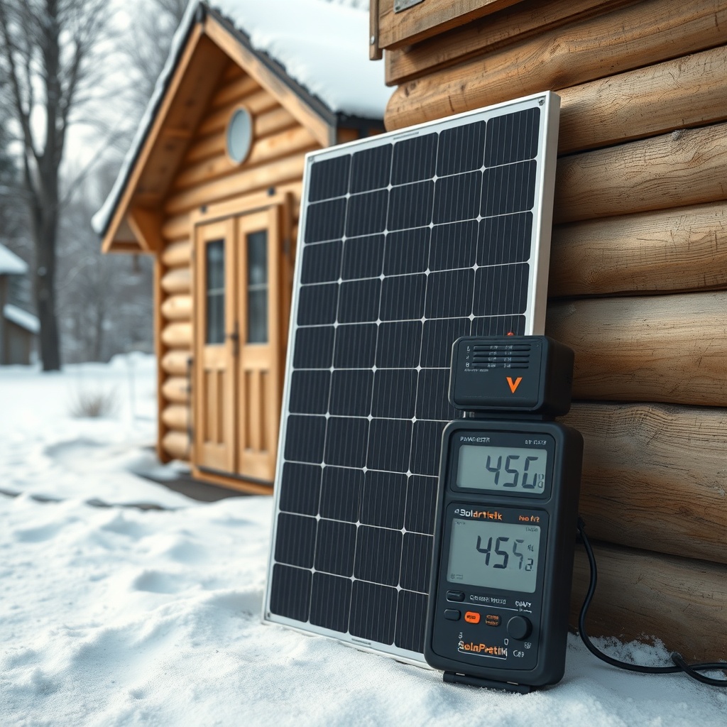 <clean photorealistic photo of SolarPratik 200W panel leaning against a wooden cabin in wi