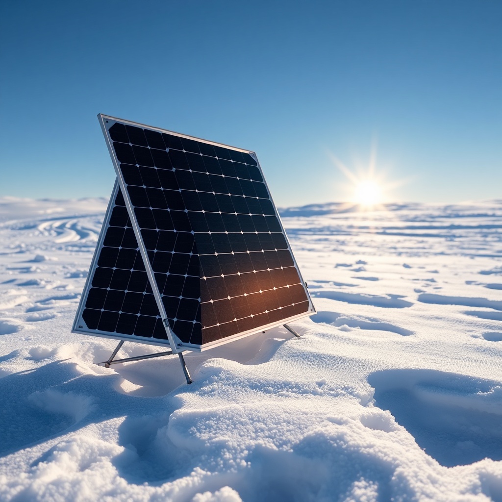 A close-up photo of the SolarPratik 200W portable solar panel set up in a snowy landscape