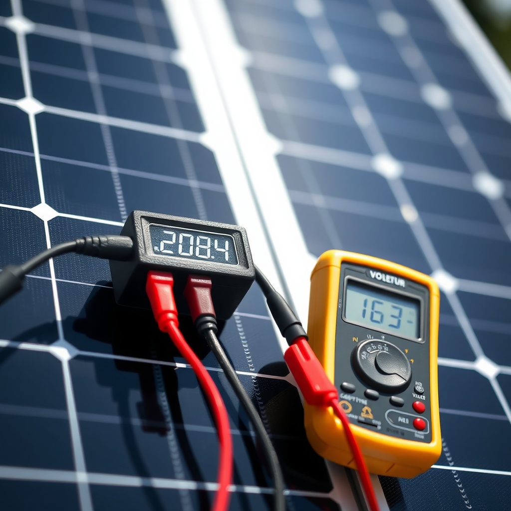<close-up of SolarPratik 200W panel with digital multimeter probes connected to the MC4 co