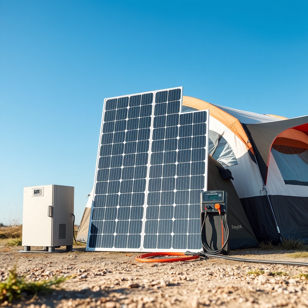 A photorealistic photo of a SolarPratik 200W portable solar panel set up next to a small c