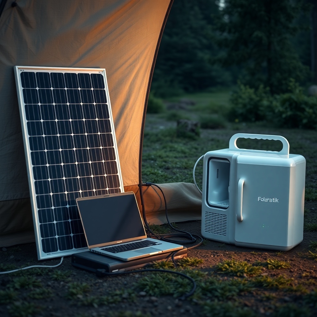 A photorealistic photo showing a SolarPratik 200W panel connected to a power station with