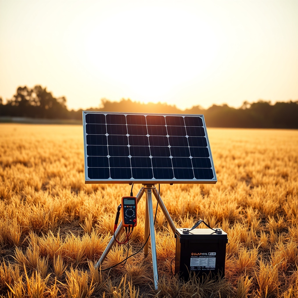 A photorealistic photo of the SolarPratik 200W panel set up on a tripod in a sunny field