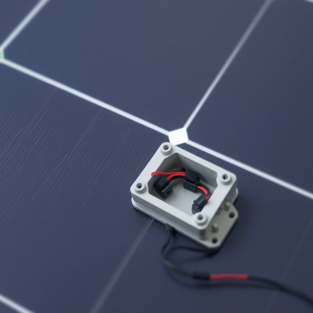 A photorealistic close-up of the SolarPratik 200W panel surface texture and junction box