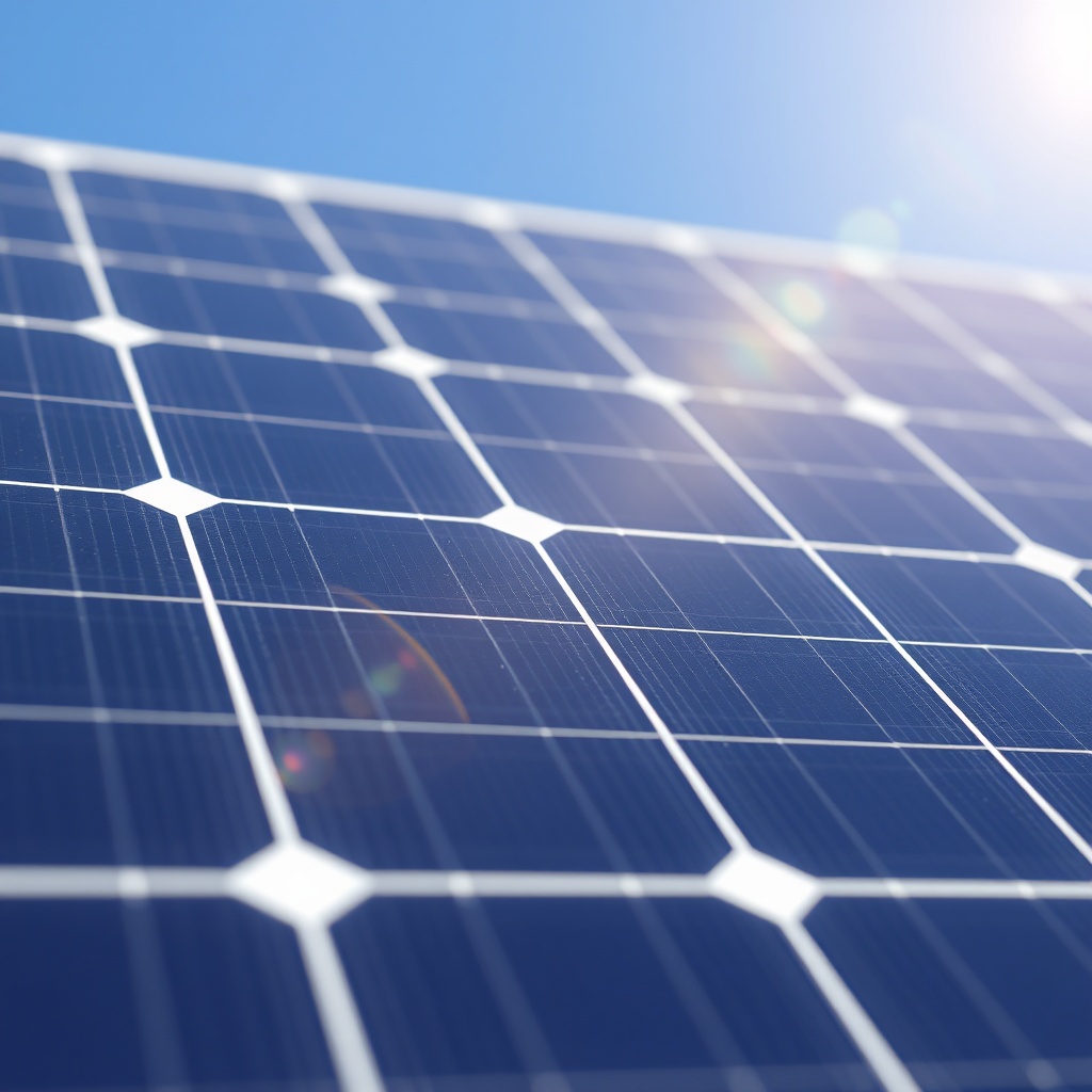 A photorealistic close-up of the SolarPratik 200W panel's monocrystalline PERC half-cut ce