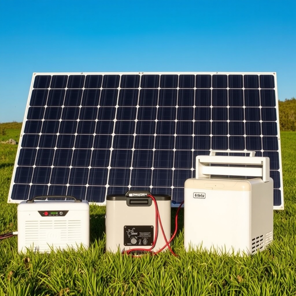 A photorealistic outdoor setup showing the SolarPratik 200W panel unfolded on a grassy sur