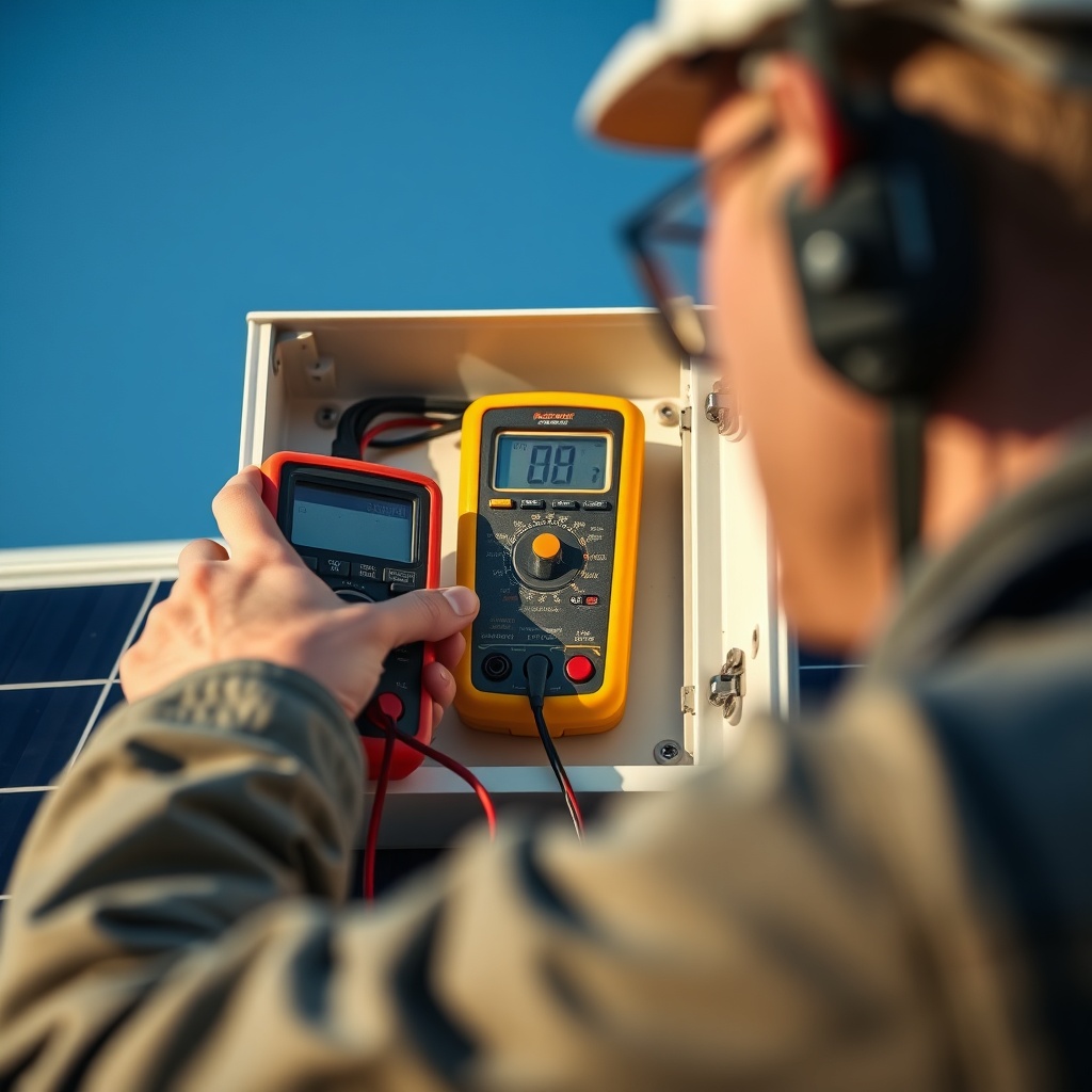 Close-up of a technician using a multimeter on a solar panel junction box
