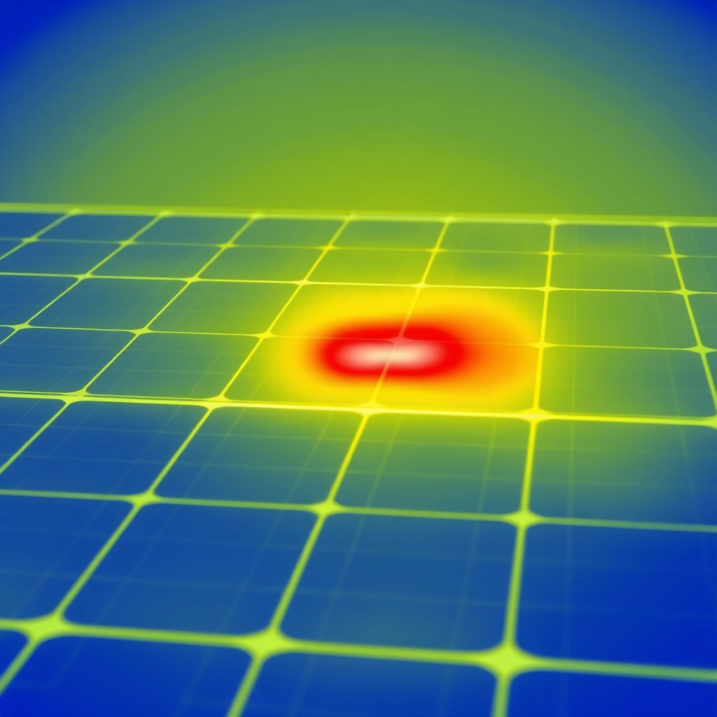 A thermal camera image showing a solar panel with a red hot spot