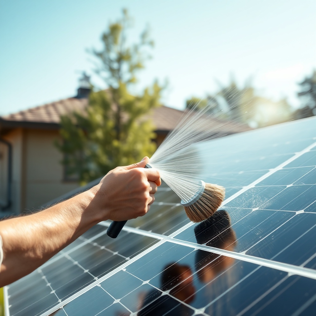 <Clean photorealistic photo of a homeowner gently spraying water on solar panels with a so