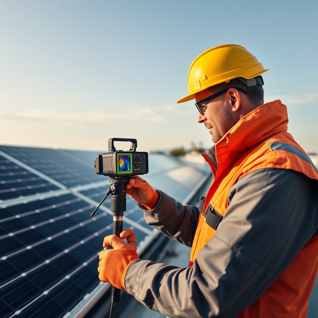 <Clean photorealistic photo of a technician using a thermal camera to inspect a solar pane