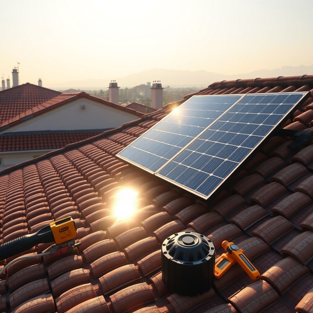 <clean photorealistic photo of a rooftop solar panel installation on a Turkish tiled roof