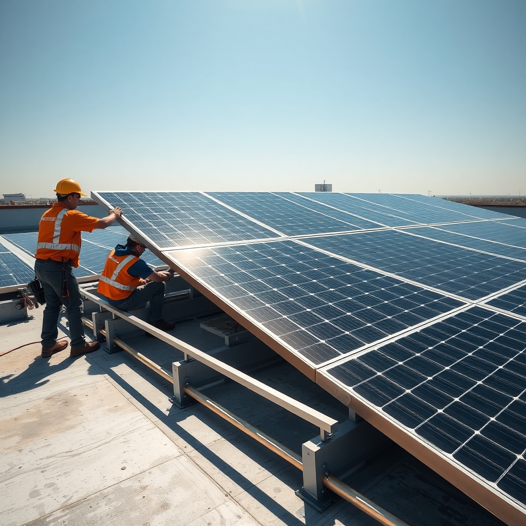 <clean photorealistic photo of solar panels being mounted on a flat roof with metal rails