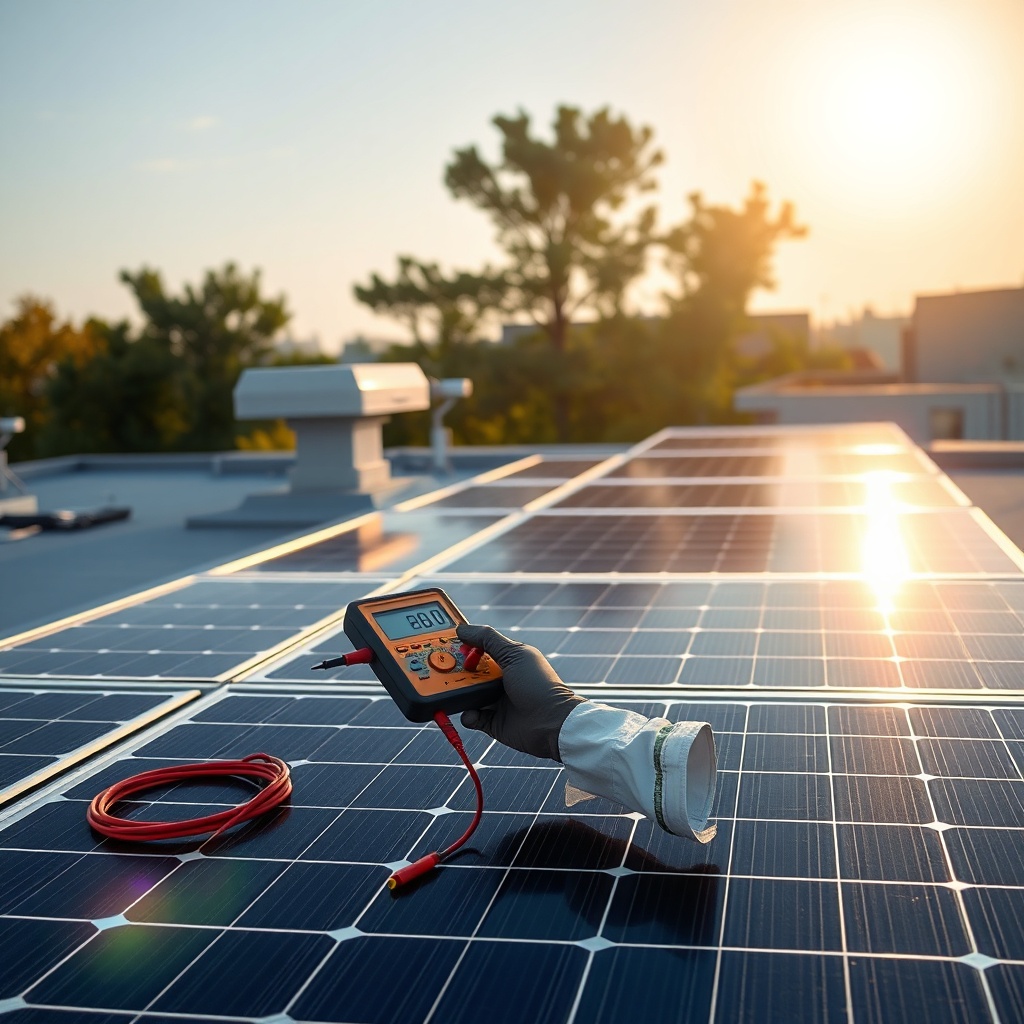 <clean photorealistic photo of a solar panel efficiency measurement setup