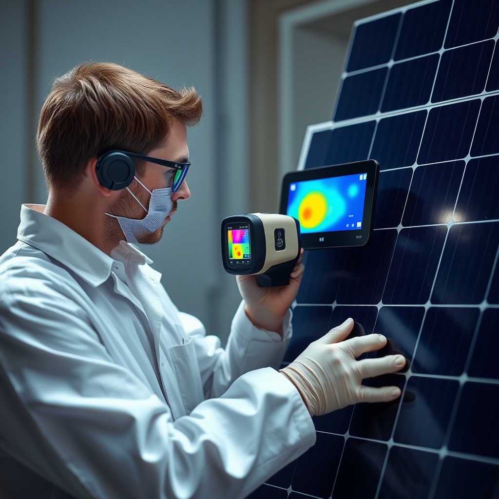 <clean photorealistic photo of a laboratory technician inspecting a solar panel with a the