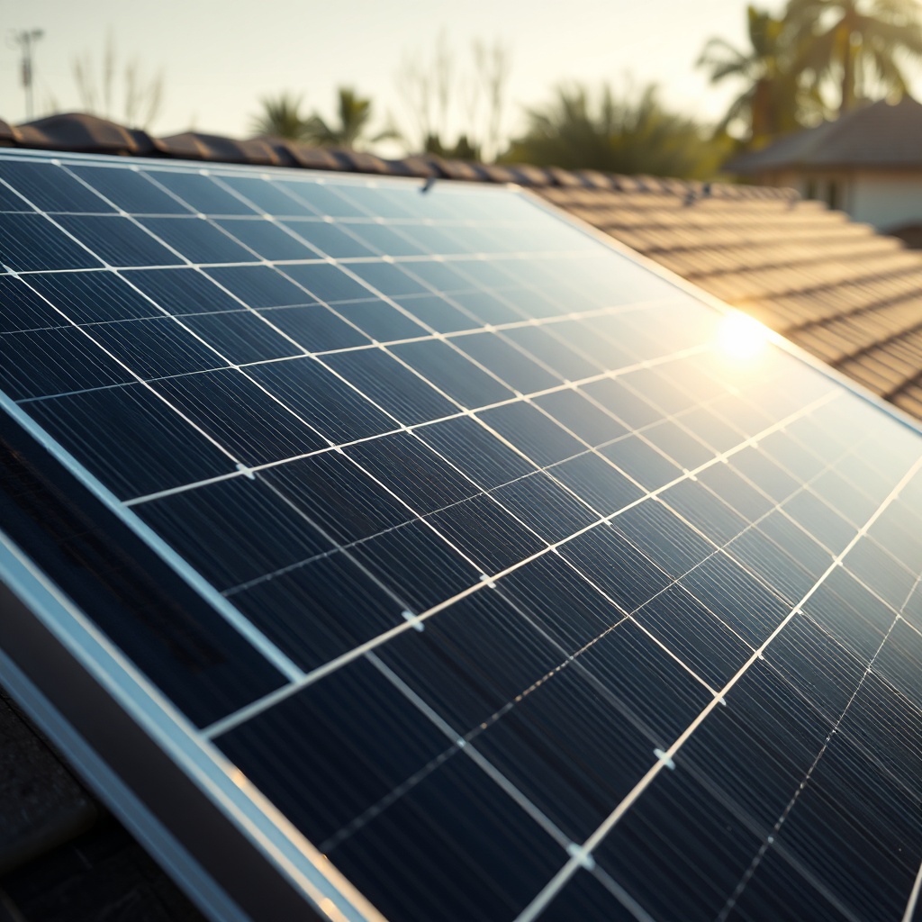A photorealistic close-up of a Trina Solar Vertex S 400W panel on a residential roof