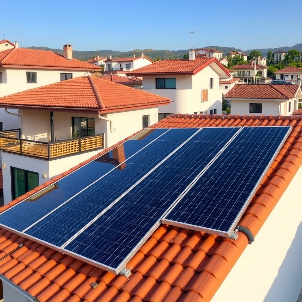 A photorealistic wide shot of a 5-panel Trina Solar Vertex S 400W system installed on a mo